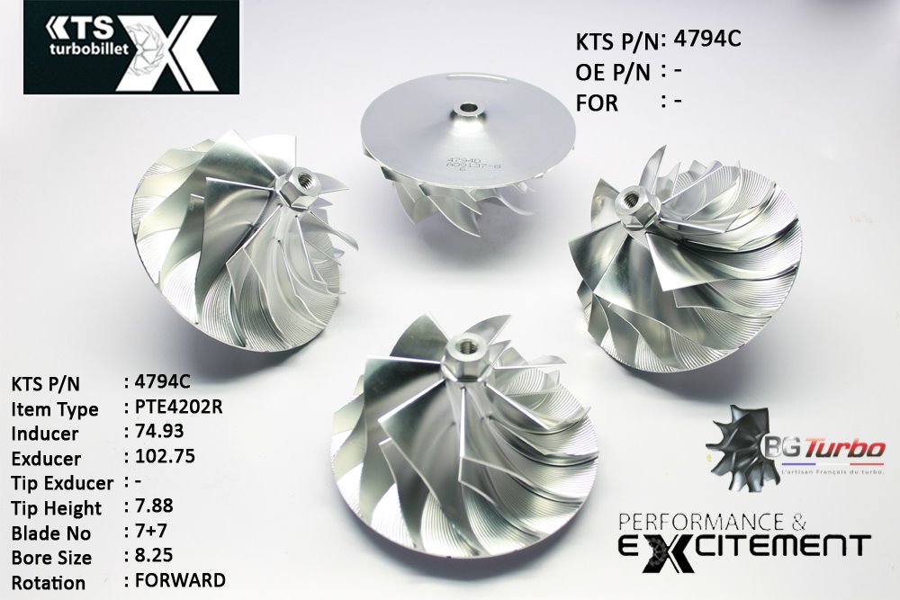 Turbo ROUE FORGÉE MFS PERFORMANCE - 7+7 PALES - INDUCER : 74,93 - EXDUCER : 102,75 - TYPE : PTE4202RANGLE : 60° - ROTATION : Forward - SUPER BACK : 9,51 - BORE SIZE : 8,25
